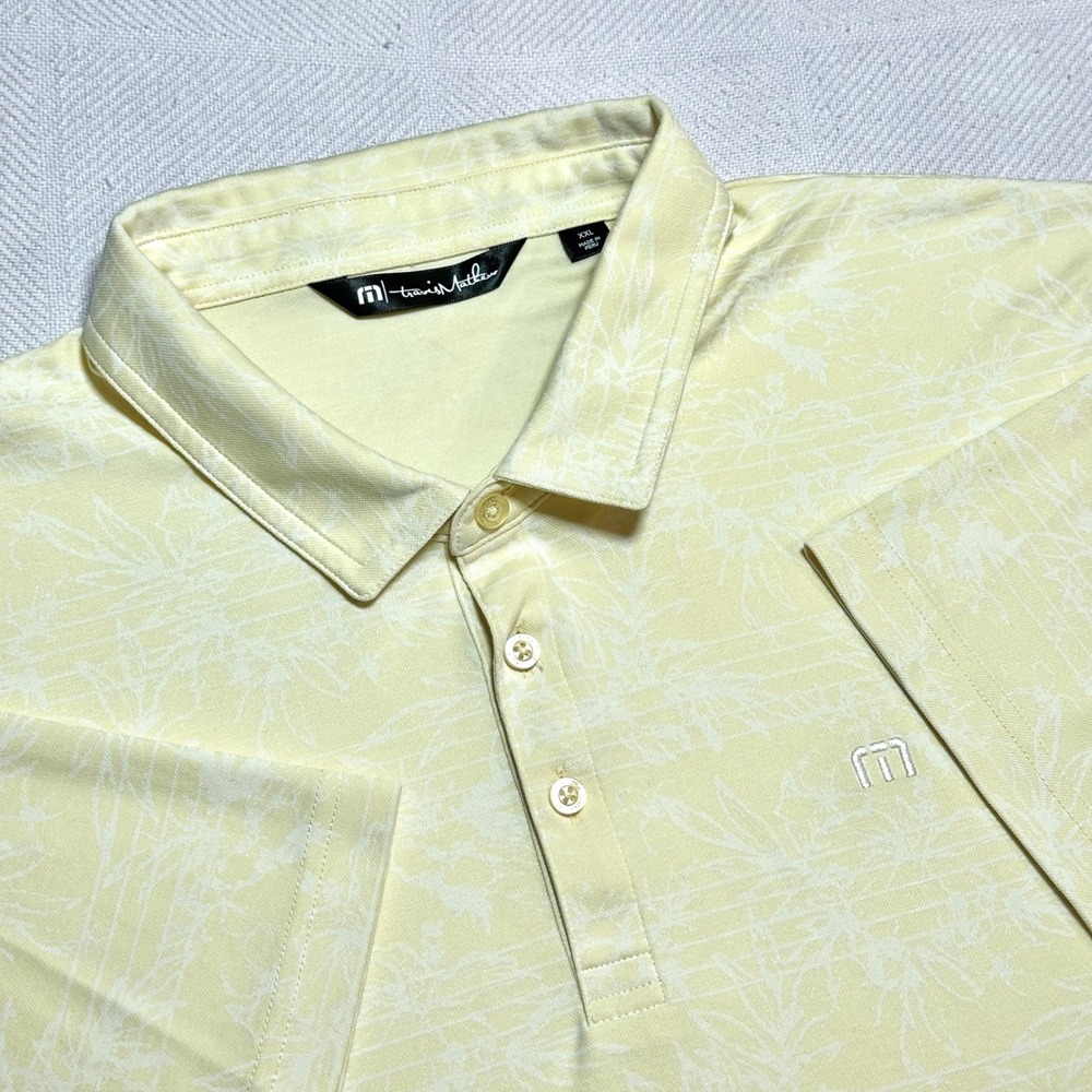 Travis Mathew Polo Shirt Mens 2XL Tropical Leaf Stripe Pima Cotton‎ Yellow
